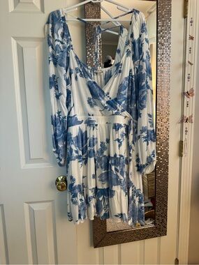 American Eagle Blue Floral Wrap Tiered Mini Dress